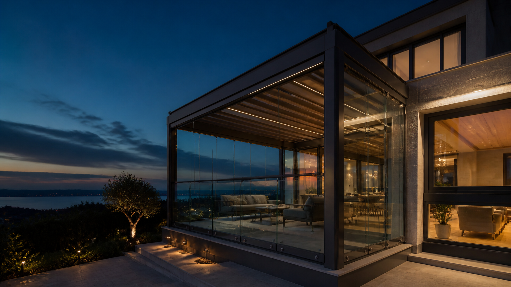 Cam ve bioclimatic pergola ile tamamlanmış modern villa terası
